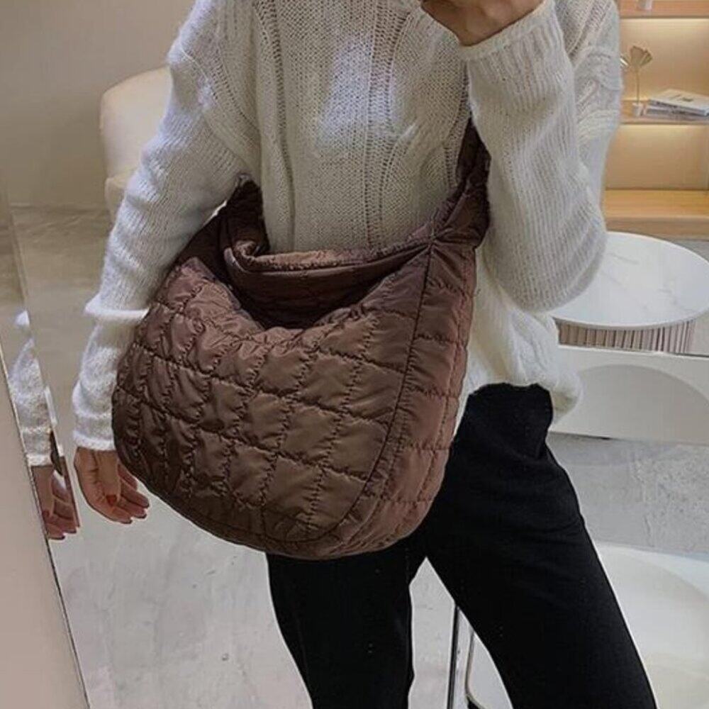 Women Brown Puffer Tote Bags Lightweight Quilted Padding Shoulder Bag